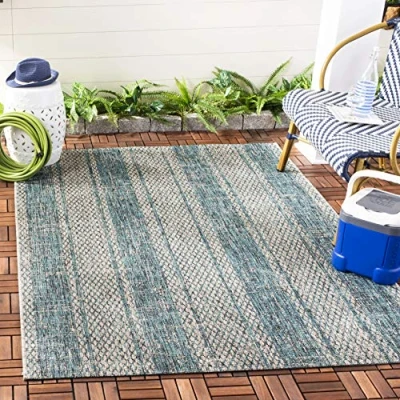 Abbildung von SAFAVIEH Zeitgenössische Teppich für Wohnzimmer, Esszimmer, Schlafzimmer Courtyard Collection, Kurzer Flor, Hellgrau und Blaugrün, 160 X 231 cm