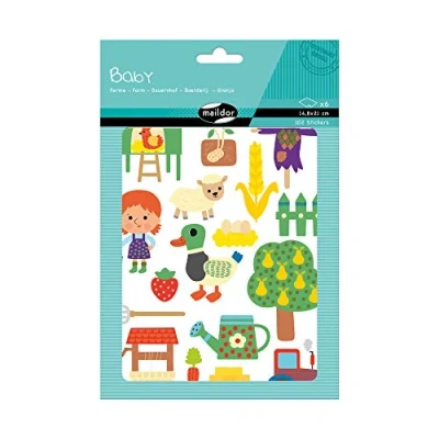 Abbildung von Maildor AE165C Packung 6 Stickerbogen Baby, DIN A5 14,8x21 cm, Großformat für die Kleinen, ideal Zeichnung, Erstellen von Collagen, Illustration eines Hefts, 102 Stickers, Bauernhof, 1 Pack