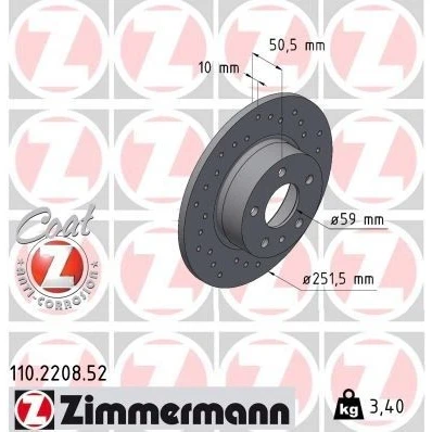 Abbildung von ZIMMERMANN SPORT COAT Z 110.2208.52 Bremsscheibe 252 10 6/5 5 98 voll, gelocht beschichtet ALFA ROMEO: 156 Limousine, 147, Sportwagon