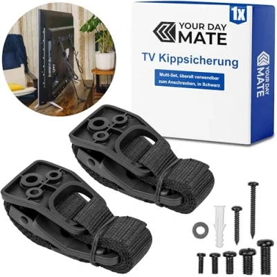 Abbildung von TV Kippsicherung zum Anschrauben, 1 Set, Schwarz, für Fernseher, Regal, Schrank, einfach zu aktivieren deaktivieren, Kleinkinder, Haustiere, inkl. Dübel und Schrauben, Kippschutz Television, Möbel