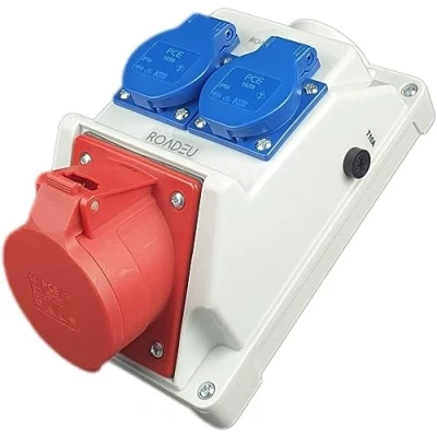 Abbildung von RoadEu Kombi Wandsteckdose 32A 5P Wandverteiler mit 2x Schuko 230V Stromverteiler IP44 Innen und Außen Baustromverteiler PCE Steckdosen