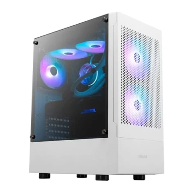Abbildung von GAMDIAS Talos E3 Mesh WH Gaming PC Gehäuse, Mid Tower ATX Gehäuse mit seitlicher gehärteter Glasscheibe und einem magnetischen Staubfilter 3 integrierten 120 mm ARGB Lüftern, werkzeuglose