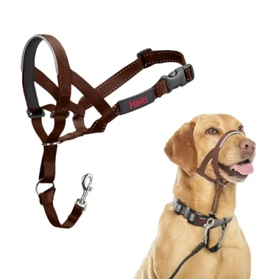 Abbildung von HALTI Kopfgeschirr Verhindert, dass Ihr Hund an der Leine zieht, Einfache Anpassung, Leicht, mit gepolstertem Nasenriemen, Anti Zug Halsband für mittelgroße Hunde (Größe 3, Walnussbraun)