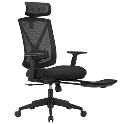 Abbildung von SONGMICS Bürostuhl mit Fußstütze, Ergonomischer Schreibtischstuhl Lordosenstütze, verstellbare Kopfstütze und Armstütze, Höhenverstellung Wippfunktion, bis 150 kg Belastbar, schwarz OBN61BKV1