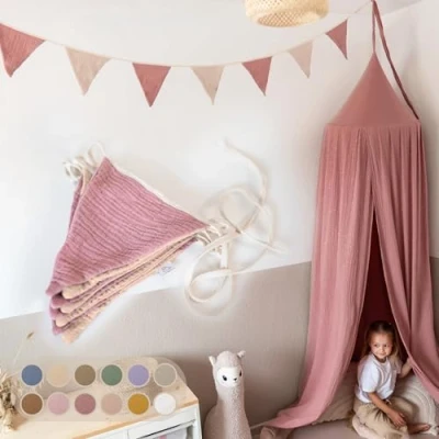 Abbildung von LILIMAUS Wimpelkette Stoff [in 12 Farben] Kinderzimmer 100% Baumwolle Handmade Girlande Musselin Hausbett Deko Mädchen &amp; Jungen für Babyzimmer