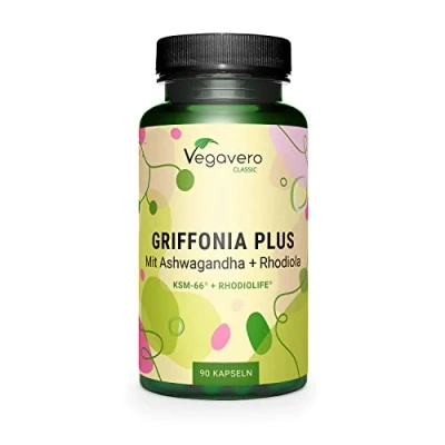 Abbildung von 5 HTP Kapseln aus Griffonia Mit Ashwagandha KSM 66® und Rhodiola Rosea Rhodiolife® Adaptogene Komplex Laborgeprüft Ohne Zusatzstoffe Deutsche Produktion von Vegavero®