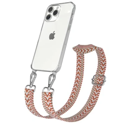 Abbildung von EAZY CASE Handykette mit verstellbarem Trageriemen für iPhone 15 Pro Max Taschengurt zum Wechseln transparenter Handyhülle Hülle dünner Schulterriemen in Blau Rot Silber