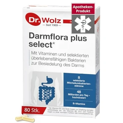 Abbildung von Dr. Wolz Darmflora plus select* 80 Kapseln hochdosiert 8 Milchsäurebakterien Stämme 48 Mrd Bakterienkulturen pro Tag Kulturen Komplex für Darmschleimhaut &amp; Immunsystem Darm Kur* vegan