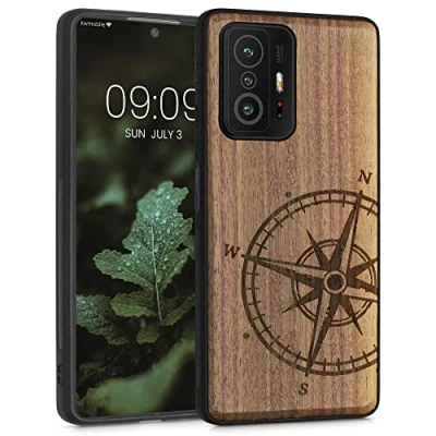 Abbildung von kwmobile Hülle kompatibel mit Xiaomi 11T / Pro Holz Case Handy Cover TPU Handyhülle in Dunkelbraun Kompass Vintage