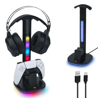 Abbildung von Mcbazel Ladestation für PS5 DualSense Controller, Controller Ladegerät mit Headset Halter, RGB Licht