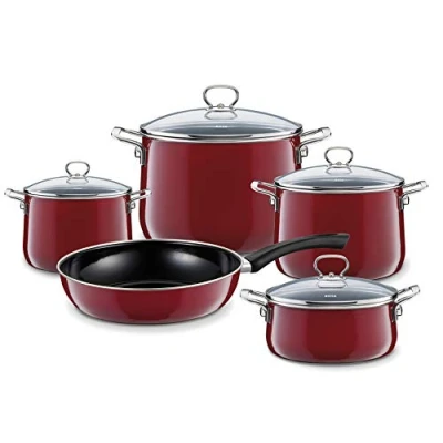 Abbildung von Riess, 0558 008, Emaille Set 5 teilig, NOUVELLE, ROSSO EXTRA STARK, bestehend aus: Fleischtopf mit Glasdeckel 16, 20, 24 cm, Kasserolle Glasdeckel20 Pfanne 28 cm