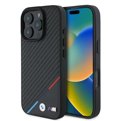 Abbildung von CG MOBILE BMW HC M Hülle für iPhone 16 Pro Max, langlebig, stoßfest, kompatibel mit Magsafe, Schutzhülle aus PU Carbon Tricolor Line Schwarz