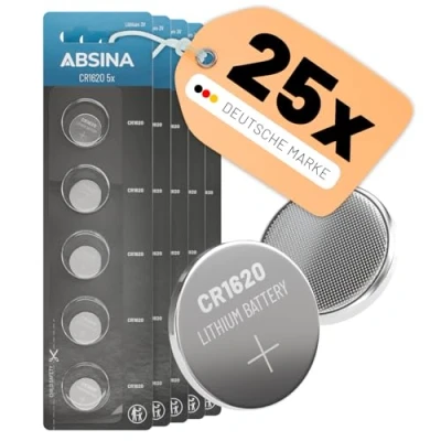 Abbildung von ABSINA CR1620 3V Lithium Knopfzelle 5X 5er Pack CR 1620 Knopfbatterie auslaufsicher &amp; Lange Haltbarkeit für Autoschlüssel, Uhr UVM 3 Volt, Batterien 1620, Battery