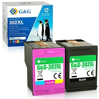Abbildung von G&amp;G 302 XL Ersatz für HP Druckerpatronen Envy 4525 4520 Officejet 3830 3831 5230 5220 Deskjet 3630 3632 3636 2130 (Schwarz, Farbe)