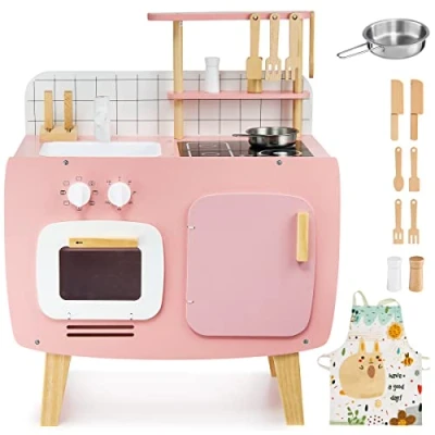 Abbildung von Mamabrum Spielküche Retro Küche aus Holz mit Schürze und Zubehör Rosa