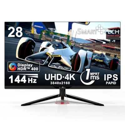 Abbildung von SMART TECH Gaming Monitor 28 Zoll, 4K 144Hz, IPS Panel, USB C 65W, HDR 400, 1ms GtG, FreeSync, Eingebaute Lautsprecher, 3840x2160, Höhenverstellbar, Drehbarer, HDMI DP Anschlüsse