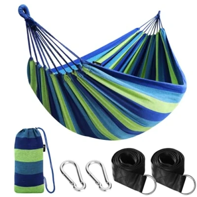 Abbildung von ANYOO Hängematte Outdoor Baumwolle Bequemer Stoff mit Baumfreundlichen Gurten zum Aufhängen, Robuste Tragbare Reisetasche für Garten, Indoor, Balkon, Terrasse, Camping