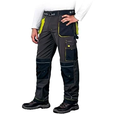Abbildung von Leber &amp; Hollman Herren Arbeitshose LH FMN T B, 65% Polyester 35% Baumwolle 270 g/m2, Bundhose mit Taschen für Knieschoner, 9 Multifunktionstaschen+ Schlaufe und Schlüsselhaken, Grau Schwarz Gelb, 46
