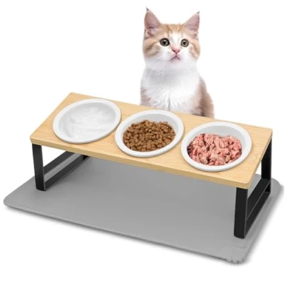 Abbildung von Avmvnvc Katzennapf Erhöht, 3er Set Futternapf Katze aus Keramik, 15 Gekippte Futterstation Katzen Hundenapf mit Metallhalter und Napfunterlage Silikon, Fressnapf Wassernapf für Hunde