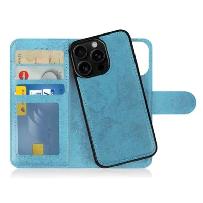 Abbildung von MyGadget Flip Case für iPhone 16 Pro [ abnehmbare Magnet Hülle ] Handyhülle aus Kunstleder Klapphülle mit Kartenfach Schutzhülle in Hellblau