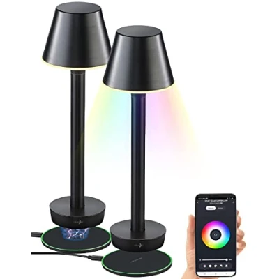 Abbildung von Lunartec Kabellose Tischlampe: Smarte Outdoor Tischlampe, RGB CCT LEDs, App, Bluetooth, 2er Set (Tischlampe akkubetrieben, Balkontisch Lampe, Home)