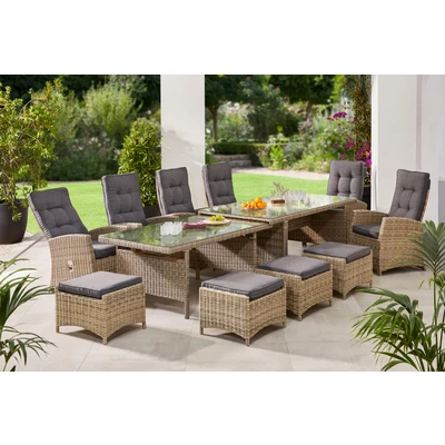 Abbildung von KONIFERA Garten Essgruppe &quot;Monaco&quot;, (Set, 27 tlg., 6x Sessel, 4x Hocker, 1x AZ Tisch 200 366x100x75,5 cm, inkl. Auflagen), für 10 Personen Aluminium, Polyrattan, Rückenlehne verstellbar