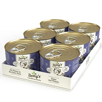 Abbildung von Betty&#039;s Landhausküche Dose Nassfutter Katze, getreidefrei, beste Qualität, hochwertiges Fleisch, schonend gegart, für alle Katzenrassen geeignet, Huhn &amp; Fasan mit Borretschöl 6 x 200 g