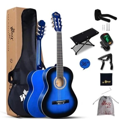 Abbildung von Winzz Konzertgitarre 3/4, Klassische Gitarre Anfänger Set für Kinder Teenager Studenten mit Nylon Saite Blau Glänzend (36 Zoll)