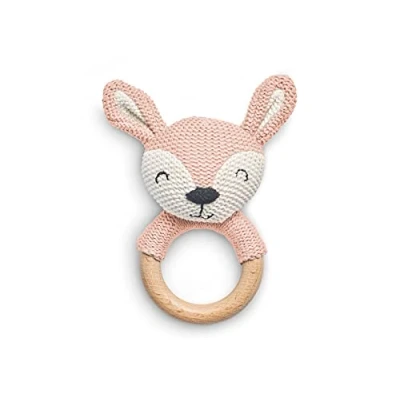Abbildung von Jollein Holz Beißring Baby Deer Pale Pink Hirsch Holzspielzeug Rassel Greifling Gestrickte Baumwolle Zahnungshilfe Spielzeug Rosa