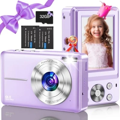 Abbildung von Digitalkamera, Nsoela Fotokamera Kompaktkamera mit 32GB Karte 44MP Fotoapparat 1080P HD Vlogging Kamera LCD Bildschirm 16X Digitalzoom &amp; 2 Batterien für Teenager,Anfänger (Lila)