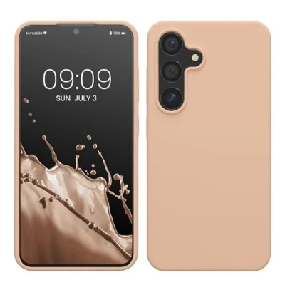 Abbildung von kwmobile Hülle kompatibel mit Samsung Galaxy S24 Silikon Handy Case Handyhülle für weiche Oberfläche kabelloses Laden Pastell Pfirsich