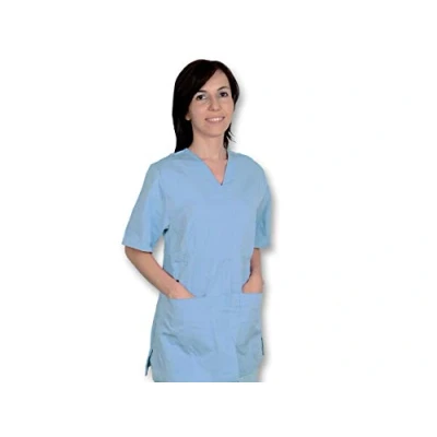 Abbildung von Gima Kasack aus Baumwolle und Polyester, Krankenhausuniform, hellblaue Farbe, V Ausschnitt, Halbärmel, 5 Druckknöpfe, Unisex, XXL Größe, für Ärzte, Tierärzte, Krankenpfleger Gesundheitspersonal