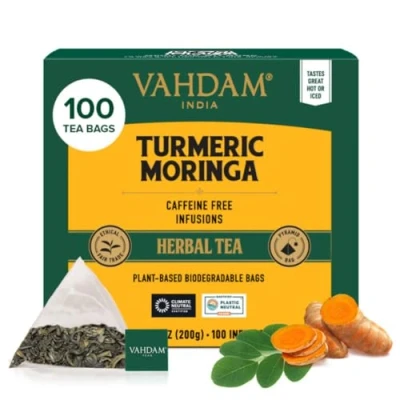 Abbildung von VAHDAM, Turmeric Moringa Kräutertee Beutel (100 Teebeutel) Koffeinfrei Kurkuma &amp; Gartenfrischen Gewürzen Verpackt in Indien Brühen Sie Heiß, Eis oder Kombucha Tee