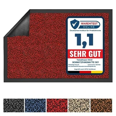 Abbildung von Floordirekt Schmutzfangmatte Rhine waschbare &amp; leistungsstarke Fußmatte Sauberlaufmatte mit Rutschfester Rückseite Türmatte für den Eingangsbereich (Rot (meliert), 120 cm x 600 cm)