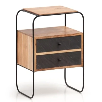 Abbildung von Wohnling Nachttisch Akazie Massivholz/Steinoptik 40x60x30 cm Nachtschrank Boxspringbett, Industrial Nachtkonsole Braun mit 2 Schubladen &amp; Ablagefläche, Nachtkommode Stauraum Metallgestell