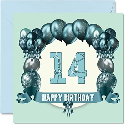 Abbildung von Lustige Geburtstagskarte zum 14. Geburtstag für Jungen Geburtstagsballons Happy Birthday Karte Sohn, Neffe, Nichte, Schwester, Cousin, Bruder, Enkelin, Tochter, Enkel, 145 mm x