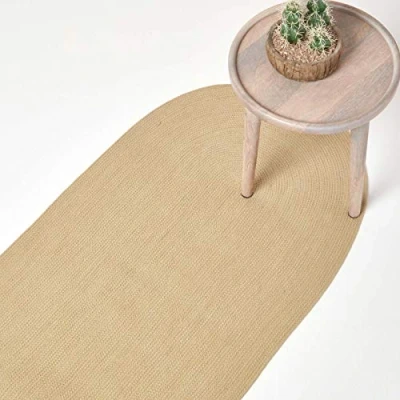 Abbildung von Homescapes ovaler Teppichläufer 66 x 200 cm, Natur, geflochtener Läufer aus Baumwolle, Wendeteppich, handgewebter Retro Teppich, beige