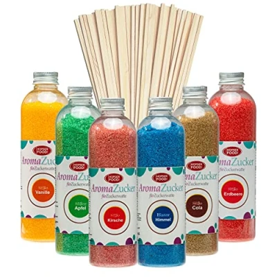 Abbildung von Partyset 6 x 230 Gramm Zuckerwatte Zucker für Zuckerwattemaschine Inklusive 100 Zuckerwattestäbe
