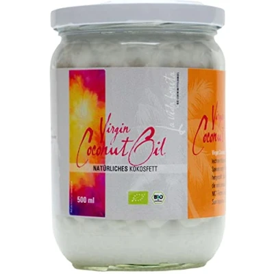 Abbildung von 500 ml Bio Kokosöl Premium Kokosfett, Kokosnussöl, Nativ, Kaltgepresst, Rohkostqualität, Rein zum Kochen, Braten und Backen, für Haare Haut
