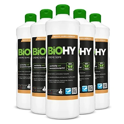 Abbildung von BiOHY Creme Seife (6 x 1 Liter) + Pumpspender Hautschonende, rückfettende &amp; geruchsneutrale Handseife flüssiger Nachfüllpack mit pflanzlichen Inhaltsstoffen auch für das Gesicht geeignet
