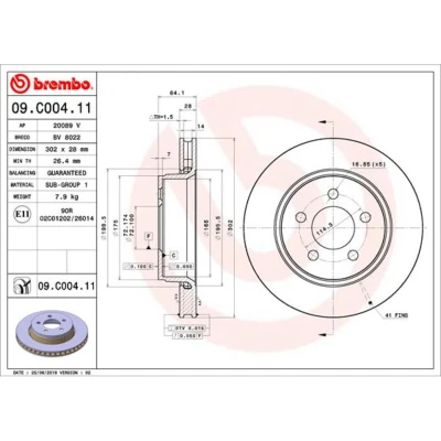 Abbildung von BREMBO 09.C004.11 Bremsscheibe 302 28 5 innenbelüftet beschichtet JEEP: Compass, Cherokee IV, DODGE: Nitro SUV