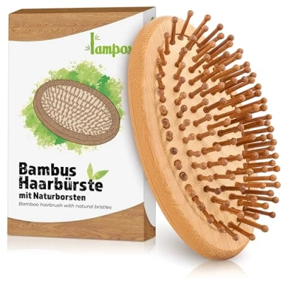 Abbildung von Haarbürste mit Naturpins, Holzhaarbürste, Holzmassagekamm, Bürstenkamm, Kopfhautbürste, kompakt