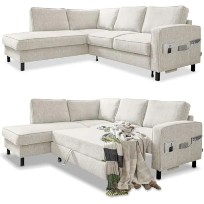Abbildung von MIUFORM Wohnlandschaft L Form mit Schlaffunktion, Sofa Schlaffunktion Ecksofa Beige Big Couch und Bettkasten
