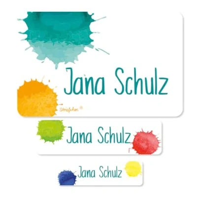 Abbildung von Striefchen® Schuletiketten mit Namen im 100er Pack Farbklecks ideal für das Beschriften von Heften und Büchern in der Schule