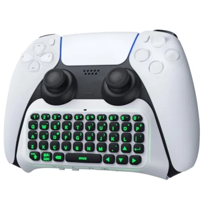 Abbildung von TiMOVO Grün Hinterlicht Tastatur für PS5 Controller, Kabellos Bluetooth Chatpad Playstation 5 Mini Game Keyboard mit Lautsprecher &amp; 3,5 mm Audiobuchse Messaging Livechat, Weiß