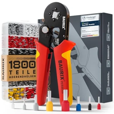 Abbildung von BAURIX Crimpzange Set mit 1800 Aderendhülsen I Aderendhülsenzange selbsteinstellend, [Für 0,25 10mm²] Vierkant Krimpzange tlg., Crimpzangen, Crimp Zange, Presszange