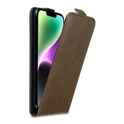 Abbildung von Cadorabo Hülle kompatibel mit Apple iPhone 14 Flip Design aus Premium Kunst Leder Klappbare Stoßfeste Magnetische Cover für Tasche in Braun