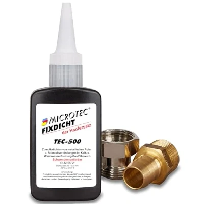 Abbildung von Microtec® Fixdicht Dichtmittel TEC 500 50g Gewindedichtung und Schraubensicherung der Hanfersatz aus Flasche extra hohe Hitzebeständigkeit sicheres Gewindedichtmittel DVGW