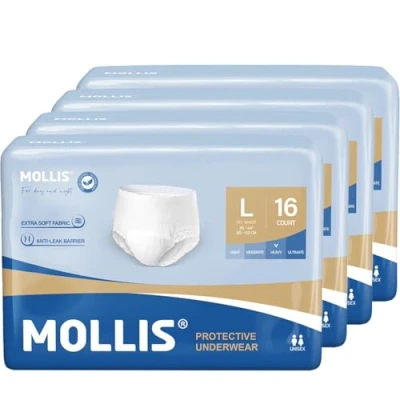Abbildung von MOLLIS Inkontinenz Pants Erwachsene, Saugfähige Windelhosen für Männer und Frauen, Atmungsaktive Einweghosen, Optimaler Auslaufschutz über Nacht, Unisex, Größe L, 64 Stück