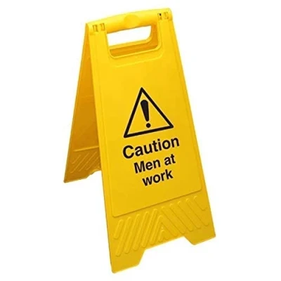 Abbildung von Englisches Schild mit Aufschrift „Caution Men At Work&quot;, doppelseitig, Gelb
